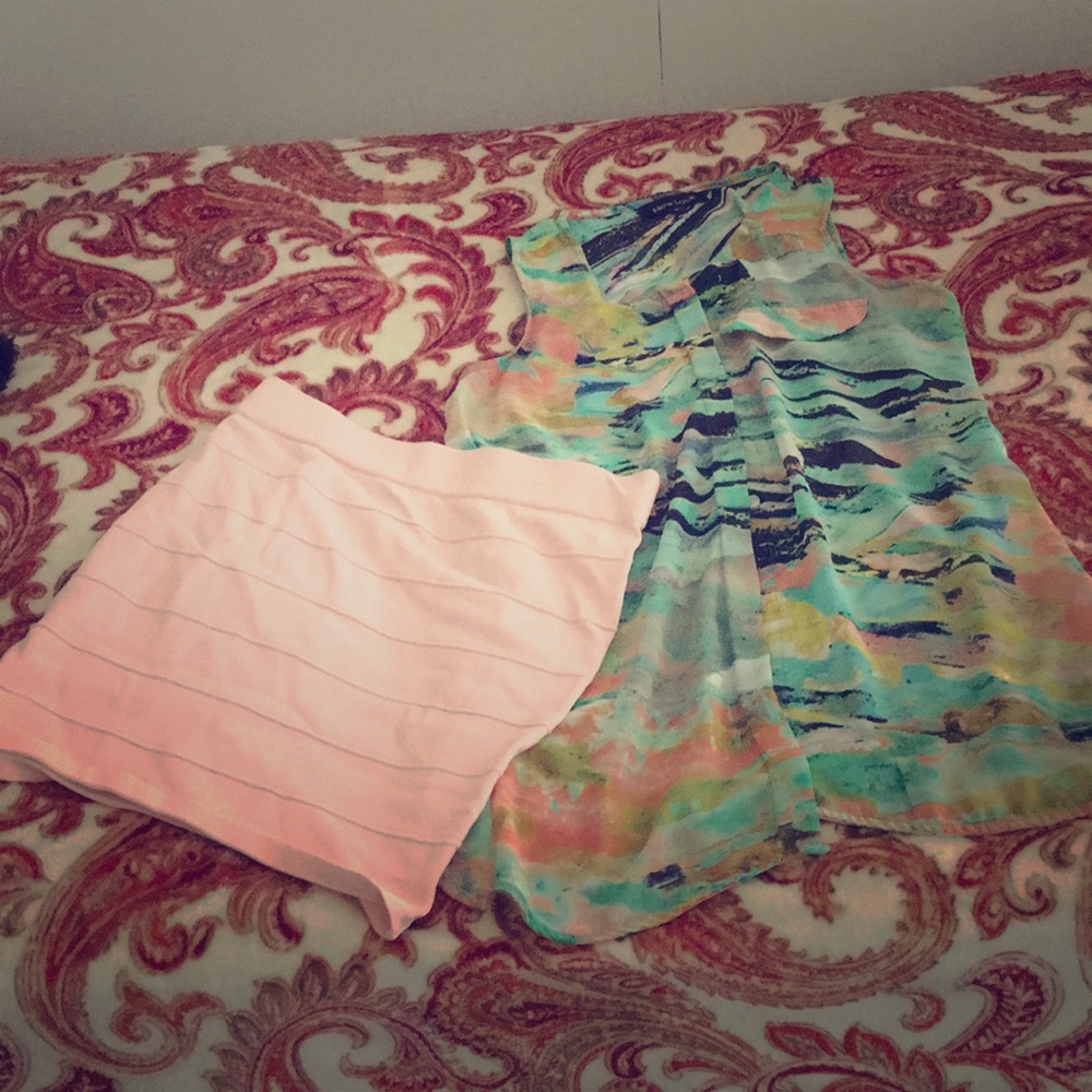 Pink shirt and multi colored shirt